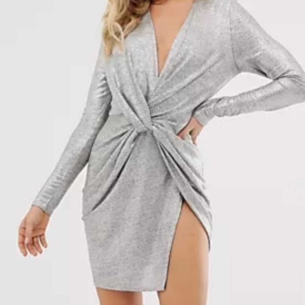 Club London Plus Metallic Wrap Knot Mini Dress in Silver